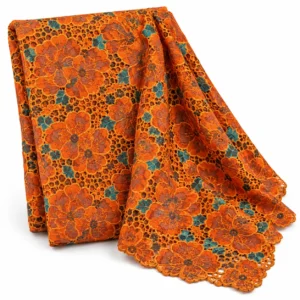 Dentelle florale orange et turquoise