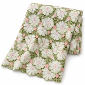 Dentelle vert olive fleurs blanches et roses